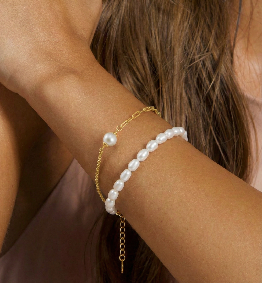 Bracelet Lune en perles d’eau douce – Argent 925 doré or 14K, hypoallergénique