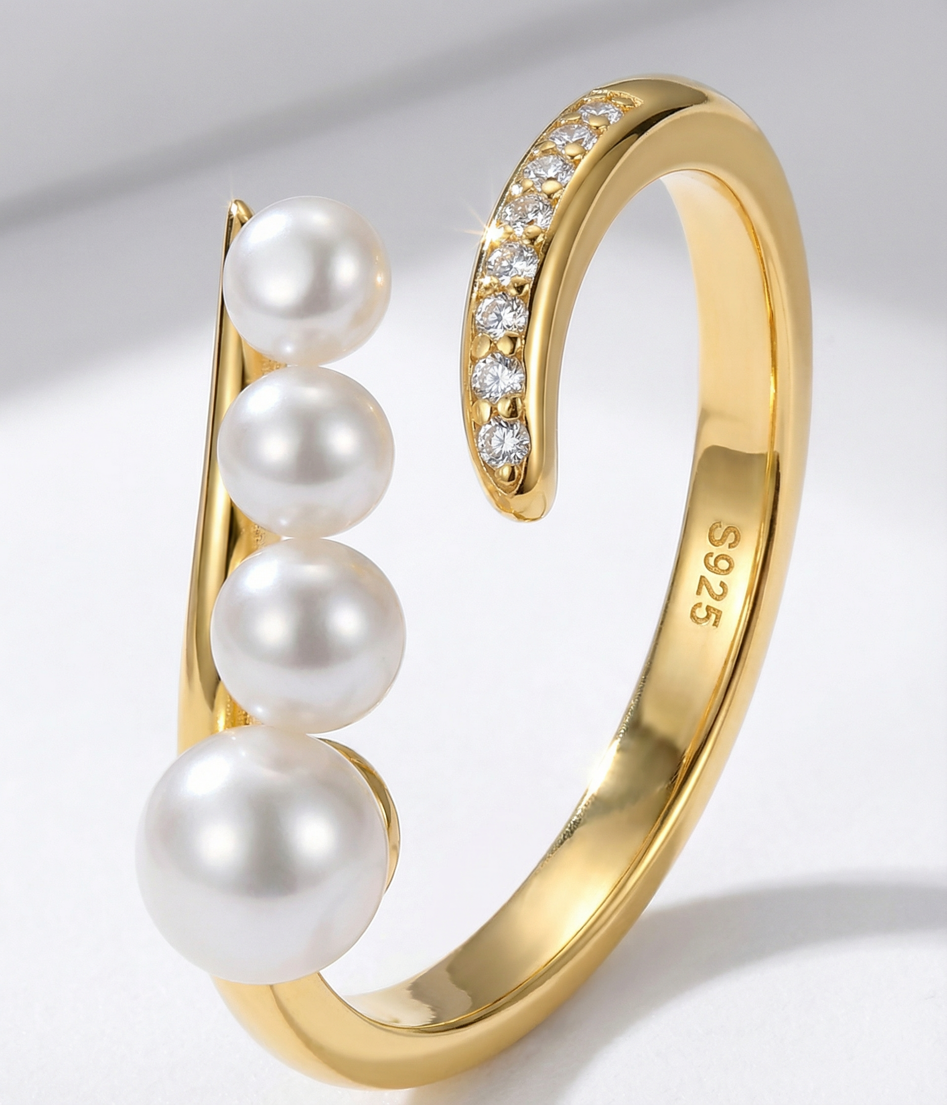 Bague Éclat en perles d’eau douce & zircons – Argent 925 doré or 14K, ajustable