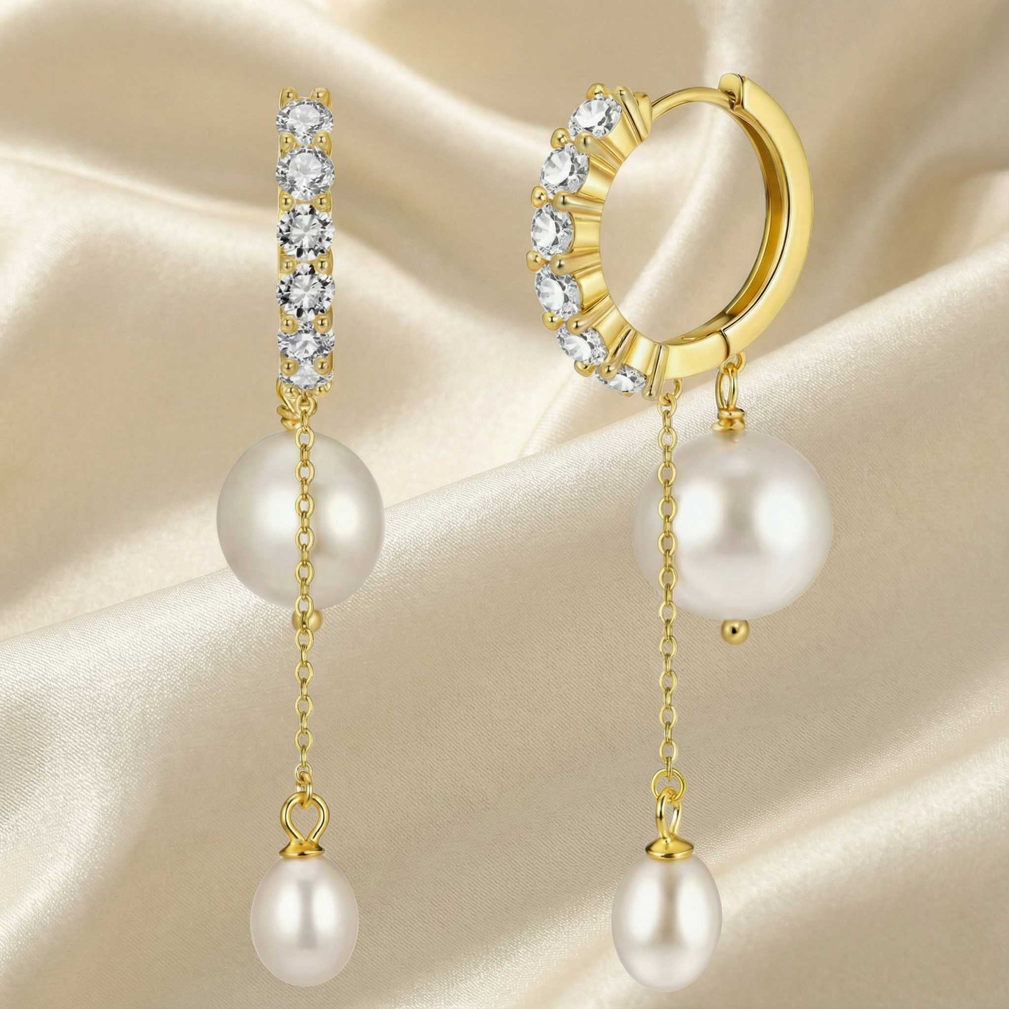 Boucles Aurore Cascade en perles d'eau douce & zircons – Argent 925 doré or 14K