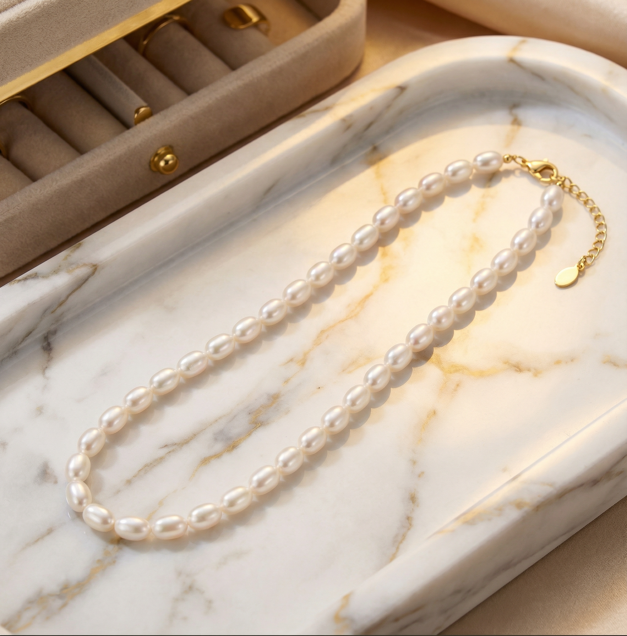 Collier Lune en perles d’eau douce – Argent 925 doré or 14K, hypoallergénique